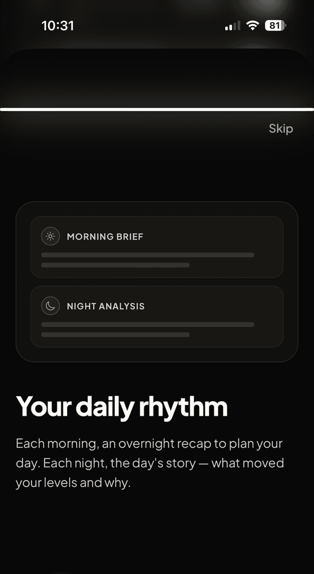 Dia's Morning Brief and Night Analysis cards summarising the night and the day.