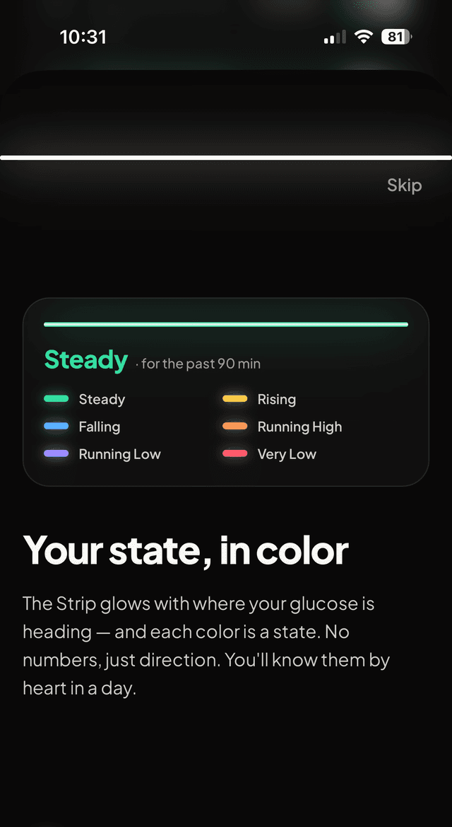 The Dia app showing a calm 'Steady' state with the colour-coded state legend — no glucose numbers, just direction.