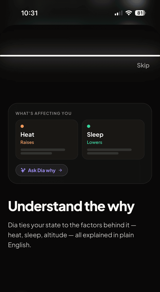 Dia showing the factors behind a state, such as heat and sleep, with an option to ask why.